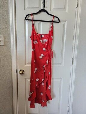 Divided Red Floral Wrap Midi Dress